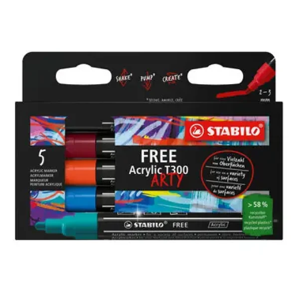 STABILO® FREE Acrylic - T300 Okrúhly hrot 2-3 mm - Urban - 5 ks sada s 5 rôznymi farbami (692/5-01)