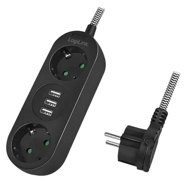 LogiLink Predlžovací kábel 2 zásuvky + 3x USB-A čierna / Predlžovací kábel / 1,5 m / 230 V, 16 A (LPS262U)