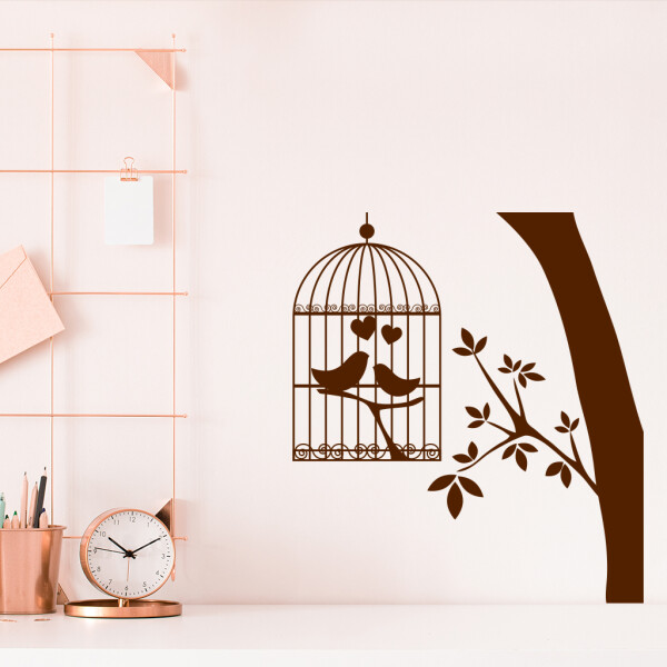 Veselá Stena Samolepka Zamilované vtáčiky v klietke Farba: hnedá, Veľkosť: 60 x 53 cm