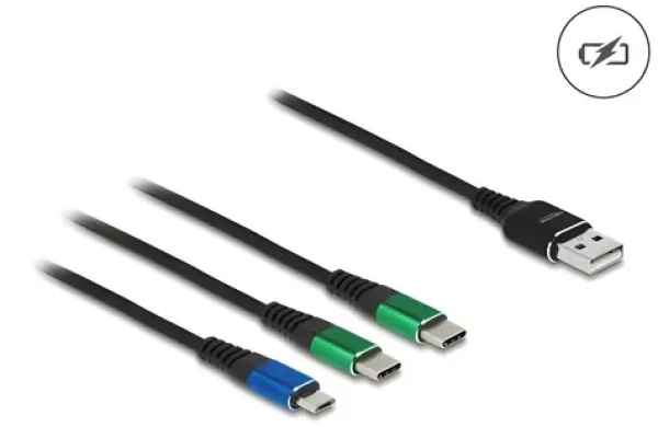 DeLock USB-A 3v1 čierna, modrá, zelená / Nabíjací kábel / Micro-USB, USB-C / 3 A / 1 m (87882)
