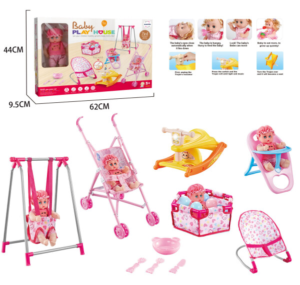 Mamido Mamido Súprava pre bábiky 7v1 bábika, hojdačka, kočík a ohrádka