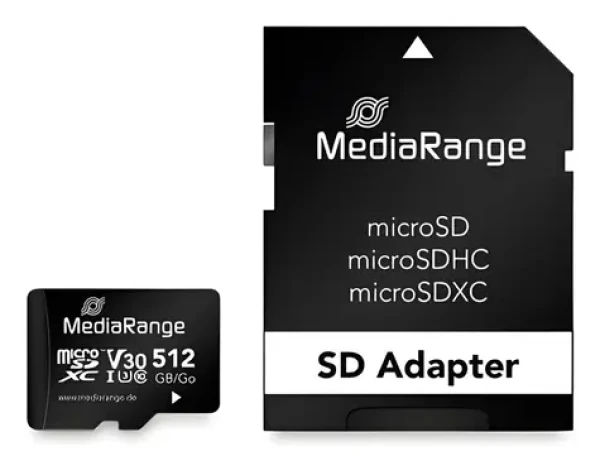 MediaRange microSDXC 512GB + SD adaptér / Class 10 / UHS-I U3 / R: 100MBs / W: 30 MBs (MR947)