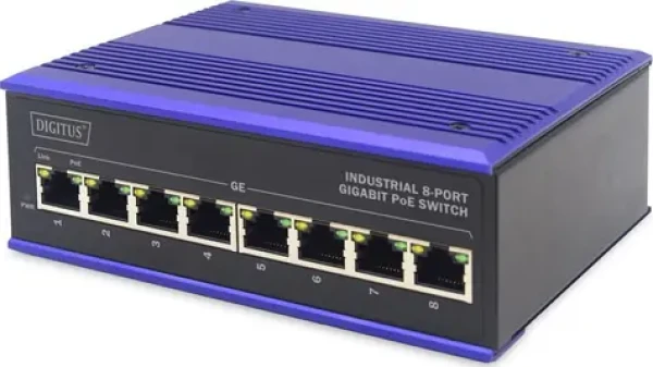 Digitus Switch Ind. modrá / Switch / Priemyselný / 8x Gigabit / PoE 240W / Unmanaged / DIN lišta (DN-651121)