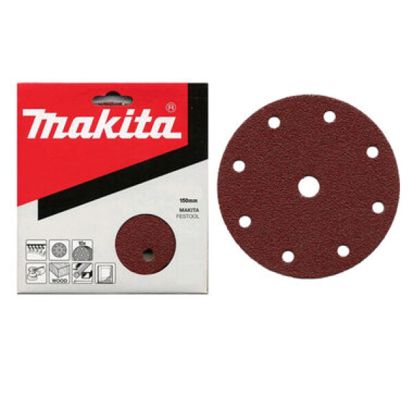 Makita P-31946 / Brúsny papier na drevo | kov | kameň / Zrnitosť 100 / Priemer 150 mm / 9 otvorov / 10 ks (P-31946)