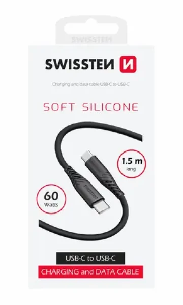 Swissten SOFT SILICONE dátový kábel USB-C 1.5m čierna / 60W / 3A / 1x USB-C(M) / 1x USB-C(M) (71532010)