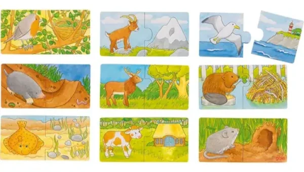 GOKI Drevené puzzle dvojice Zvieratká a ich domov 9x2 dielikov