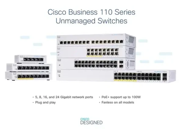 Cisco CBS110-16PP- EU / Switch / 16x Gigabit RJ-45 / 8x PoE 64W / Unmanaged (CBS110-16PP-EU)