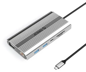 Orico USB-C hub 12v1 strieborná / Dokovacia stanica / USB-C PD 100W / HDMI 4K / VGA / RJ45 Gigabit (ORICO-XDR-X22-SV-BP)