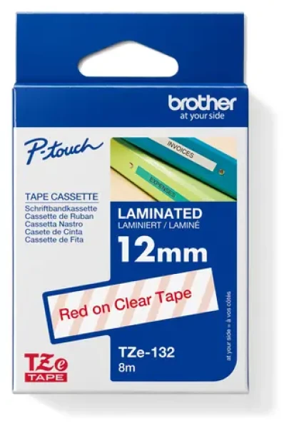 Brother TZe-132 priesvitná/červená / Páska na štítky / 12 mm / 8 m / laminovaná (TZE132)