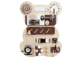 Mamido Drevená senzorická manipulačná tabuľa Macko 14 prvkov