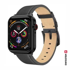 Swissten Kožený remienok pre Apple Watch 42/44/45/49mm čierna / čierna spona a čierne pútko (46000811)