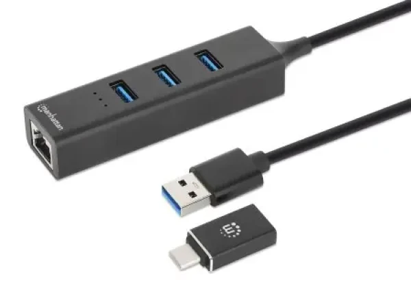 Manhattan Kombo-hub USB-C/USB-A s LAN adaptérom čierny / USB hub / 3x USB-A 3.2 Gen 1 / Gigabit LAN / 5 Gbps (180894)