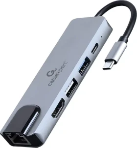 Gembird A-CM-COMBO5-04 strieborná / Hub 5v1 / HDMI 4K/30Hz / USB-A / RJ45 / USB-C PD 87W (A-CM-COMBO5-04)