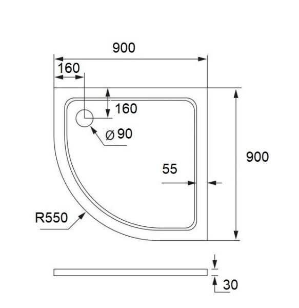 H K - THOR Sprchová vanička z liateho mramoru, štvrťkruh, R550 90x90x3 cm - ľavý odpad SE-THOR-90QL