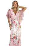 603-4 Vzdušné maxi šaty s obálkovým výstrihom a kvetinovým vzorom - PINK Roses UNI