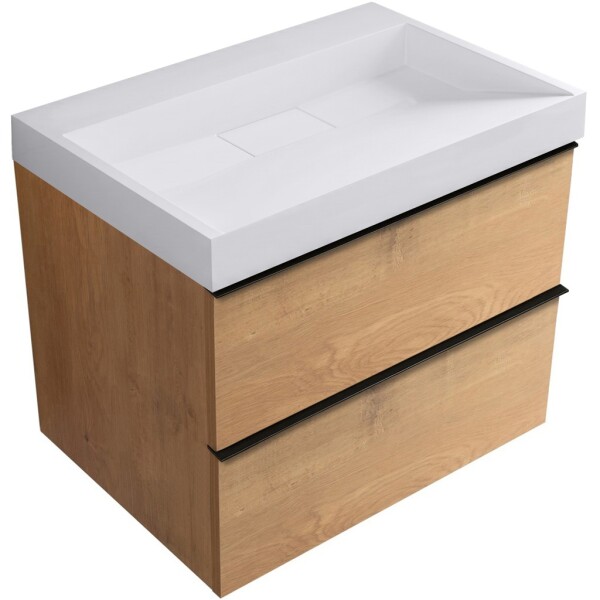 CERANO - Kúpeľňová skrinka Velora - dub medový, úchytka čierna + umývadlo z lit. mramoru Vita - biela lesklá - 70x63x46,5 CER-8050BD84040