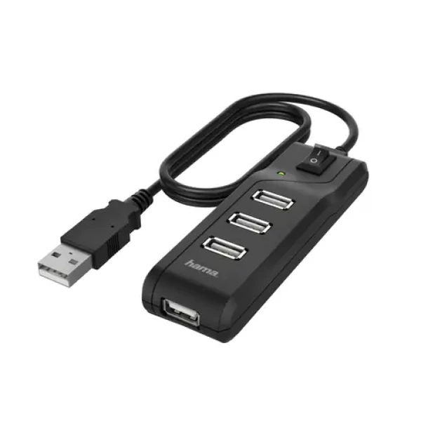 HAMA USB 2.0 Hub s vypínačom čierna / USB hub / 4× USB-A / napájanie cez USB / kábel 1,8 m (200118)