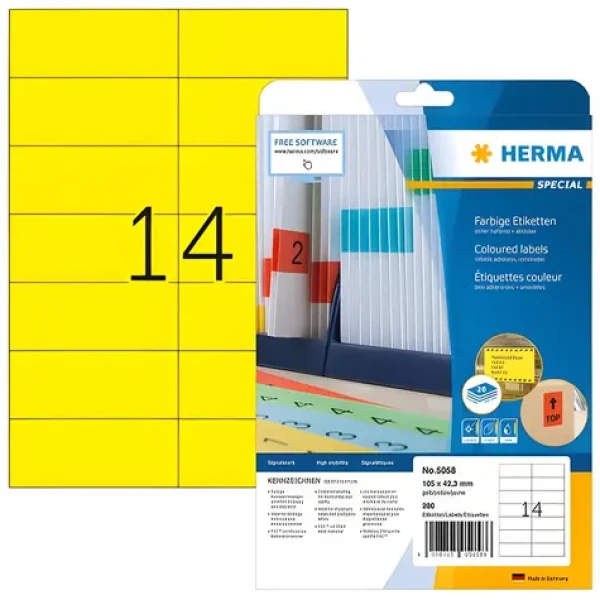 Herma Etikety žlté 105x42,3 mm / Etikety / papier matný / A4 / odnímateľné / 280 ks (5058)