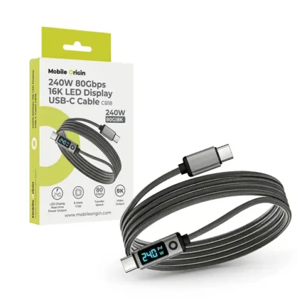 Mobile Origin CB18 vesmírne šedá / Kábel s LED displejom / USB-C na USB-C / 240 W PD 3.1 / 80 Gbps / 8K/60Hz / 1,5 m (MO-LDU-CB18)
