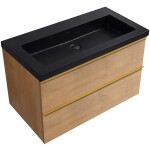 CERANO - Kúpeľňová skrinka Velora - dub medový, úchytka zlatá + umývadlo z lit. mramoru Ovo - čierna matná - 80,5x58x46,5 CER-979982