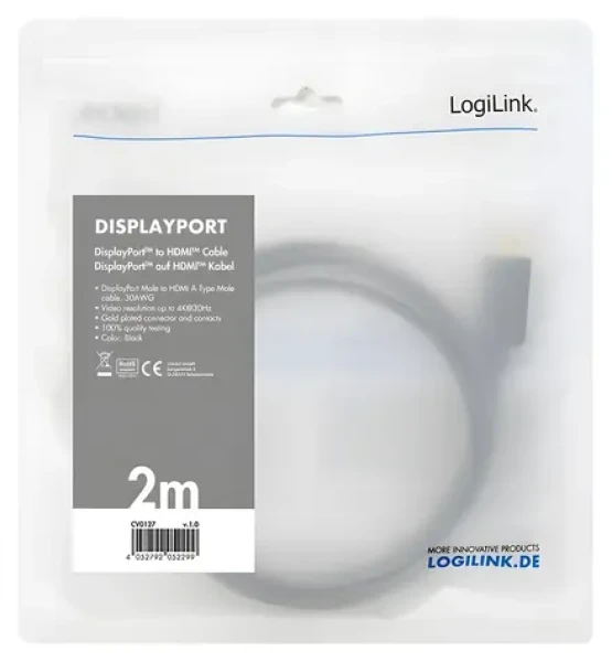 LogiLink DisplayPort - HDMI čierna / Adaptérový kábel / 4K/30Hz / 2 m (CV0127)