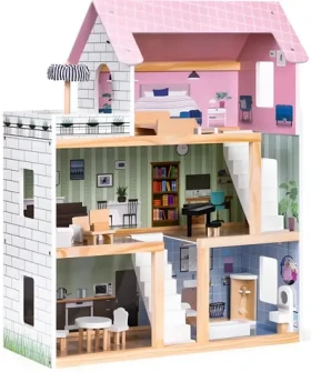 ECOTOYS Trojposchodový domček pre bábiky s terasou