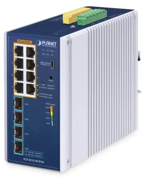 Planet IGS-4215 / Switch priemyselný / L2/L4 Managed / 8x Gigabit RJ-45 / 4X SFP / PoE++ / IP30 (IGS-4215-8UP4X)