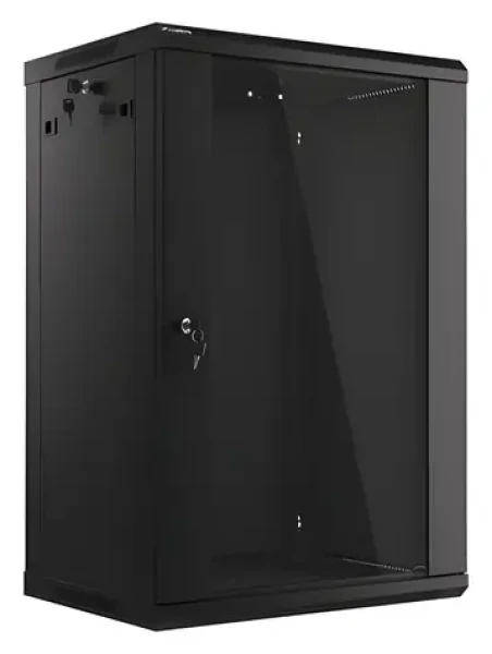 Lanberg WF01-6418-10B čierna / Nástenný rozvádzač / 19" / 18U / 600x450 mm / Flat pack / Sklenené dvere (WF01-6418-10B)