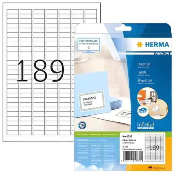 Herma Etikety Premium A4 biele 25,4x10 mm / Papier / Laser/Inkjet / 4725 ks (4333)