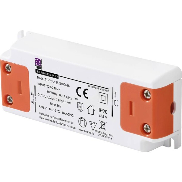 TRU COMPONENTS TC-YSL15F-2400625 napájací zdroj pre LED konštantné napätie 15 W 0.625 A 24 V/DC schválenie nábytku, prepätia, montáž na nehorľavom povrchu; TC-13492708