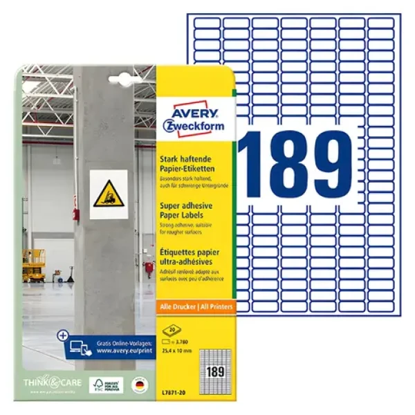 Avery Zweckform Etikety L7871-20 biele, extra lepivé / Etikety / 25,4x10 mm / A4 / 189 ks / Laser/Inkjet (L7871-20)