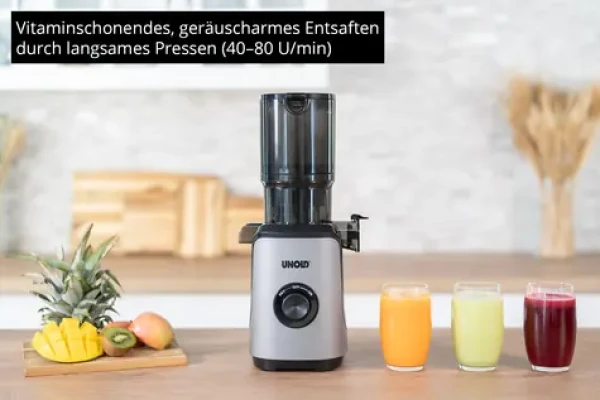 Unold Sam strieborno-čierna / Pomalý odšťavovač / 200 W / 40-80 ot./min / plniaci otvor 110 mm (78275)