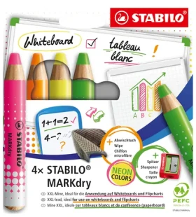 STABILO MARKdry Neon 4 ks sada s strúhadlom a handričkou - 4 neónové farby (648-4-01)