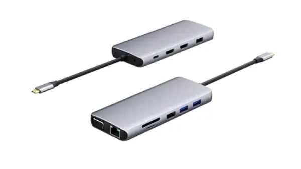 ESTUFF USB-C Hub 12v1 sivá / Dokovacia stanica / 2x HDMI 4K / USB-C PD 100W / Gigabit LAN (ES623009)