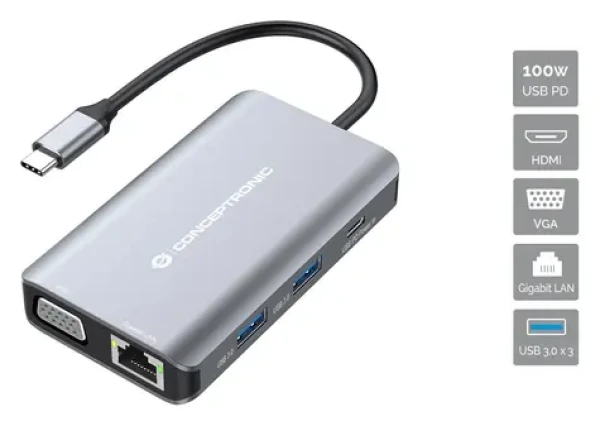 Conceptronic DONN21G sivá / Dokovacia stanica / 7v1 / USB-C / 3x USB-A / HDMI / RJ45 (DONN21G)