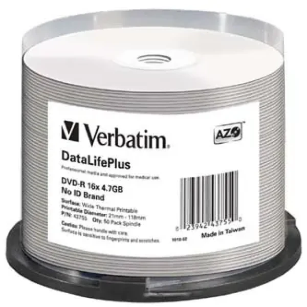 Verbatim DVD R DataLifePlus Wide Thermal / Optické médium / 4,7 GB / 16x / no-ID / 50 pack Spindle (43755)