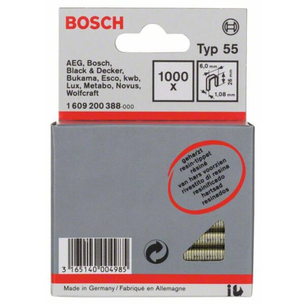 Narrow crown staple, type 55, resin-coated 6 x 1,08 x 26 mm 1000 ks Bosch Accessories 1609200388 Rozmery (d x š) 26 mm x 6 mm; 1609200388