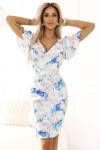 479-8 Šaty NINA s obálkovým výstrihom, rukávmi a opaskom - BLUE FLOWERS XXL