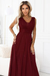 637-1 Dlhé večerné šaty s brokátovým akcentom a hlbokým výstrihom - bordové UNI