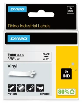 Dymo originálna páska do tlačiarne štítkov 9mm x 5.5m / čierna tlač / biely podklad / RHINO vinylová (18443)