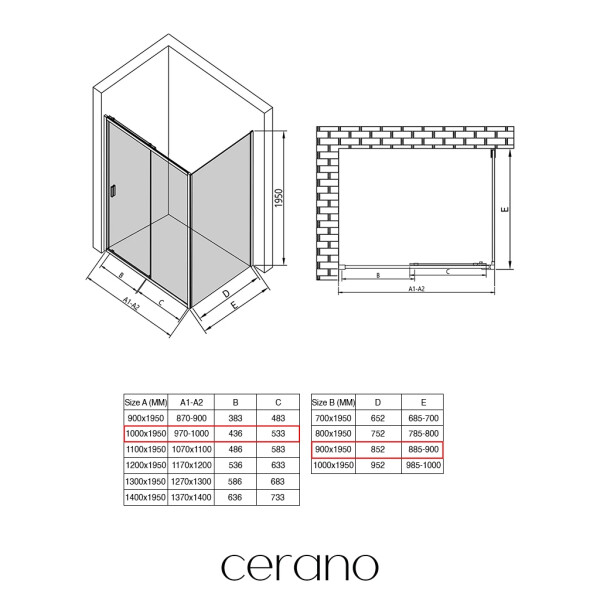 CERANO - Sprchovací kút Varone LINE Ľ/P - 6 mm - čierna matná, transparentné sklo - 100x90x195 - posuvný CER-DY505B-90103