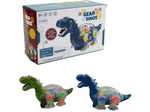 MaDe 14416 - Dinosaurus s ozubenými kolieskami, na batérie, so svetlom a hudbou, 24 x 14 x 19 cm
