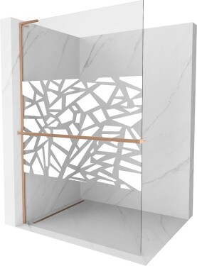 MEXEN/S - Kioto+ L Sprchová zástena WALK-IN s poličkou a držiakom uterákov 120 x 200, biely vzor, meď kartáčovaná 800-120-123-65-85