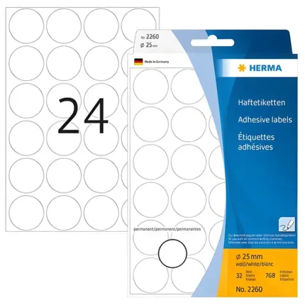 Herma Etikety okrúhle biele 25 mm / Papierové / 768 ks (2260)