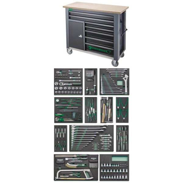 Stahlwille 98830195 Pojazdný pracovný stôl vrátane 267 dielov. Prémiový rad náradia so 7 zásuvkami (š x v x h) 1150 x 1045 x 500 mm; 98830195