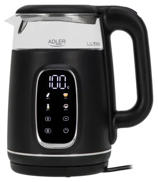 Adler AD 1305 čierno-strieborná / Rýchlovarná kanvica / 2200 W / 1.7 L / sklo / regulácia teploty (AD 1305 BS)
