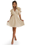 586-1 Dámske šaty s obálkovým výstrihom, rukávmi a opaskom - béžové UNI
