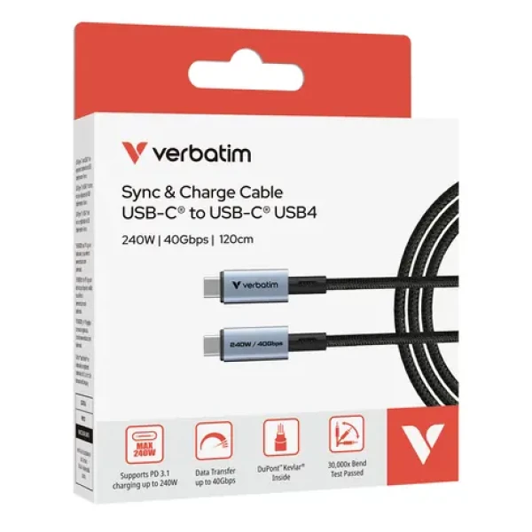 Verbatim Sync Charge USB-C na USB-C 120cm čierna / Nabíjací a dátový kábel / 240W / 40 Gbps / USB4 / PD 3.1