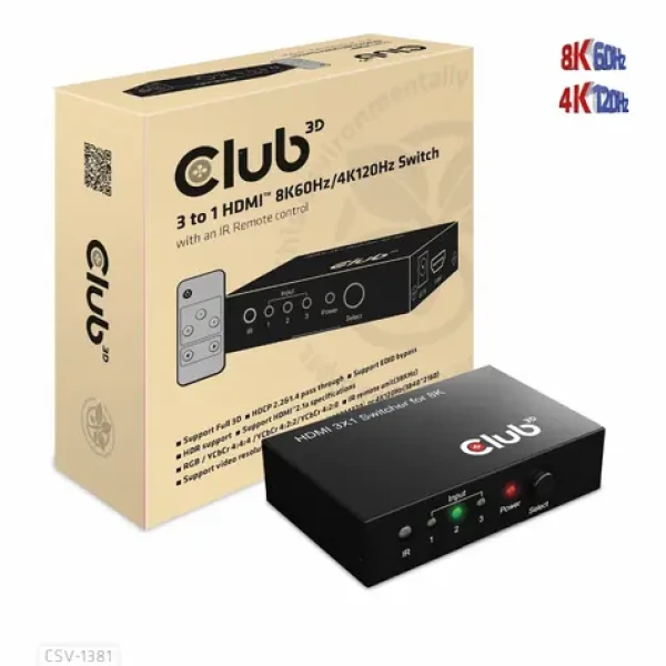 Club3D CSV-1381 HDMI switchbox čierna / 3× HDMI vstup / 8K 60Hz / 4K 120Hz / HDMI 2.1a (CSV-1381)