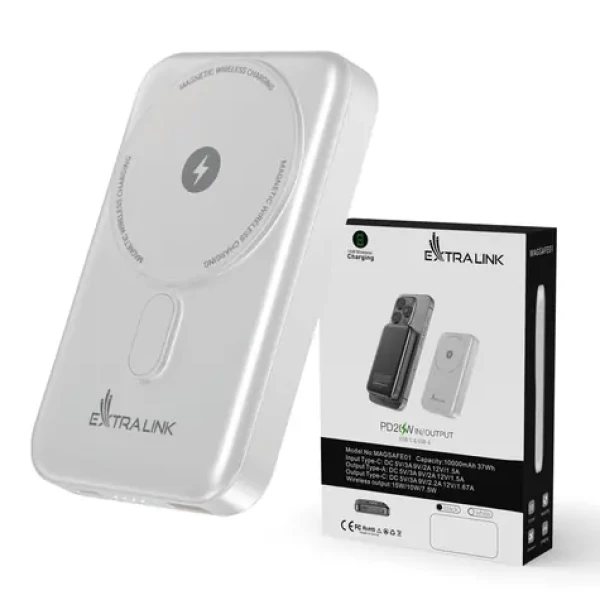 Extralink MagSafe biela / Powerbanka / 10 000 mAh / MagSafe / PD 20 W + 15 W / USB-C, USB-A